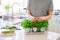 Man`s hand picking leaves of greenery during cooking. Home gardening on kitchen. Pots of herbs with basil, parsley and thyme. Hom