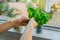 Man`s hand picking leaves of greenery. Home gardening on kitchen windowsill. Pots of herbs with basil and watercress sprouts. Hom