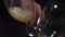 A man`s hand pouring a sparkling white wine into a wine glass.
