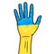 A man\\\'s hand is raised up, painted in the colors of the flag of Ukraine.