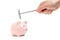 Man`s hand smashes a pink piggy Bank on a white background with a hammer