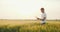 Man`s hand touching wheat.