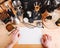 The man`s hands hold white blank sheet of paper, copy space, Accessories and utensils for making coffee using alternative