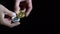 Man`s hands holding and touching golden and silver Bitcoin on black background