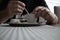 Man`s hands with Presso coffee on a table. Slovakia