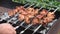 A man`s hands rotating the skewers. Shish kebab. Pork, chicken or lamb meat pieces being fried on a charcoal grill. Frying grilled