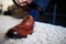 Man`s hands tying shoelace of his new brown leather shoes. Groom