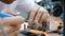 Man\'s hands welding details assembling FPV drone