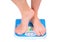 Man\'s legs ,weighed on floor scale.