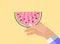 Man`s naturalistic hand holds piece of delicious watermelon. Vector Illustration