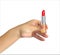 Man`s naturalistic hand holds Realistic 3D Model of realistic red lipstick. Vector Illustration