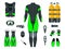 Man`s Scuba gear and accessories. Equipment for diving. IDiver wetsuit, scuba mask, snorkel, fins, regulator dive icons