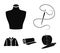 A man`s shirt, a mannequin, a roll of fabric,needle and thread .Atelier set collection icons in black style vector