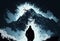 Man\\\'s silhouette watching huge avalanche coming to him.