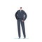 Man Safeguard Wear Black Suit, Cap, Sunglasses And Microphone In Ear Stand With Arms Akimbo. Professional Security