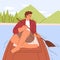 Man sailing on wood boat with paddle. Calm person relaxing, rowing along lake, river in nature on summer vacation. Happy