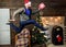 Man santa hat hurry to deliver gift on time. Christmas is coming. Spread happiness and joy. Bearded guy in motion jump