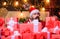 Man Santa hat peeking out of pile of gifts. Santa with gifts. Bearded Santa Claus and many holiday packages. Best prices