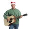 Man in Santa hat playing acoustic guitar on white background. Christmas music