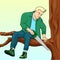 Man sawing tree branch on which sits pop art retro raster illustration. Make yourself worse metaphor. Color background.