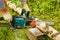 Man sawing wood, using electric chainsaws