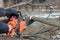 A man saws a branch of locust tree with an orange chain saw for gasoline to clean garden or park.