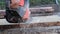 A man saws wood boards for building a house from environmentally friendly and natural materials.