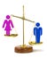 Man on scale outweighing woman representing inequality in pay and opportunities