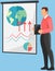 Man scientist with clipboard shows graph about planet. Impact of climate change on water level