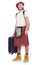 Man in scottish skirt with suitcase isolated on