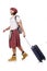 Man in scottish skirt with suitcase isolated on