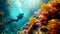 a man scubas in the water over a coral reef