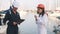 Man seafarer meeting with female surveyor in yacht club