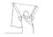 Man seen from behind holding a LGBT flag over his head one line vector drawing. Man running with a flag single