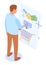 Man selects goods in online store, putting purchases in virtual basket. Customer journey concept
