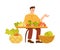 Man Seller at Farmer Market Selling Fresh Local Food at Table Vector Illustration