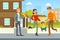 Man Selling or Renting House to Family Couple with Son, Real Estate Agent Giving Key to Family Cartoon Vector