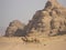 A man with several camels among the mountains in Wadi Rum desert, Jordan