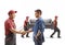 Man shaking hands with a removal guy, movers carrying a couch