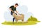 Man shearing sheep flat vector illustration