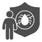 Man with shield and insect solid icon, pest control concept, insect control and extermination service sign on white