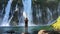 Man shooting beautiful waterfall with his phone, view from the back