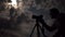 Man shooting the night cloudy sky under moon with a tripod