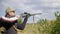 A man shoots from a bolt rifle. Shooter training. Soft focus