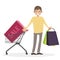 A man with a shopping cart trolley goes shopping from the store. Buyer. Character people vector illustration flat.