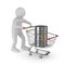 Man and shopping with oil barrel cart on white background. Isolated 3D illustration