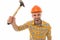 Man shouting. Man builder hard hat. Threaten with hammer. Angry aggressive guy. Improvement and renovation. Man builder