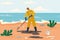 Man with shovel cleans beach polluted with plastic and paper waste. Character collects dirty sand