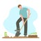 Man with a shovel digs holes for planting plants. Vector