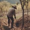 a man with a shovel plants a small tree, close-up,